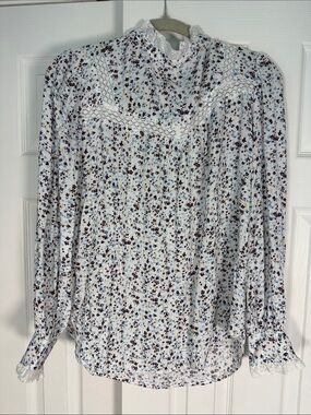 LOFT Cream Floral Lace Yoke High-Neck Blouse